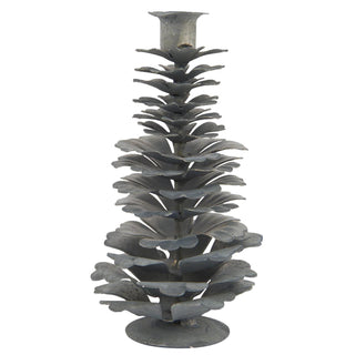 Tall grey metal pinecone-shaped candle holder with a candle socket on top, on a white background