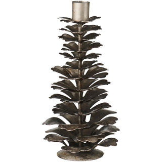 Brass pinecone-shaped candle holder in an aged silver-tone metal finish on a white background