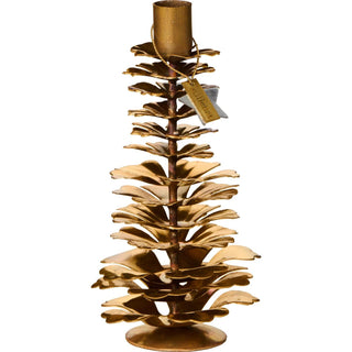 Brass pinecone-shaped taper candle holder, Gloria, with a hanging star gift tag reading stillenat, on a white background