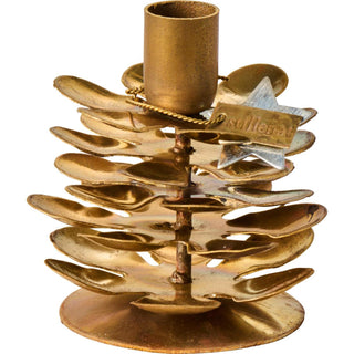 Gold brass pinecone-shaped candle holder with a stillenat name tag and star charm, shown on a white background