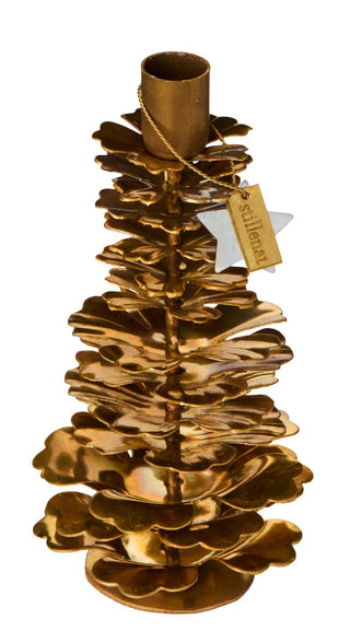 Brass pinecone-shaped taper candle holder from a rear angle showing the gift tag and candle socket, on a white background