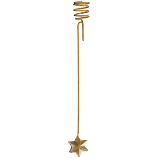 Gold brass Christmas tree candle clip with a coiled spring wrapped hook and a hanging six-pointed star, on a white background