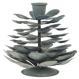 Grey metal pinecone-shaped candle holder on a white background