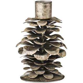 Silver-toned metal pinecone-shaped candle holder with layered petal details, shown on a white background