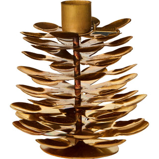 Brass pinecone-shaped candle holder with a bright gold finish and a 'stillenat' tag on a white background