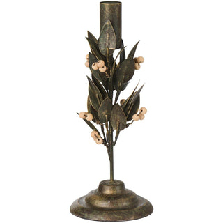 Dark antiqued metal candle holder shaped like a leafy branch with light wooden beads and a candle socket at the top, on a white background
