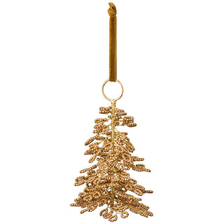 Gold beaded Christmas tree ornament on a mocca velvet ribbon with a brass ring, on a white background