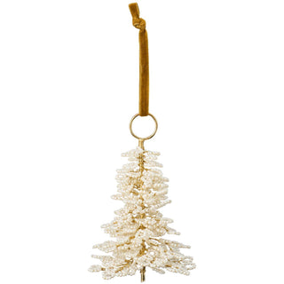 Beaded white Christmas tree ornament on brass wire with a mustard velvet ribbon hanging loop, on a white background