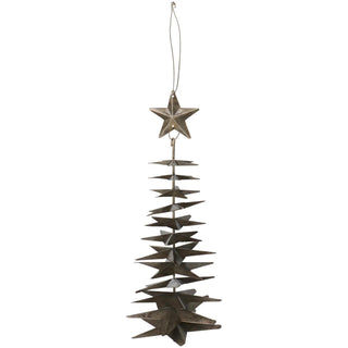 Weathered silver metal Christmas tree ornament made of stacked star shapes on a central rod, topped with a star and hanging from a cord, on a white background