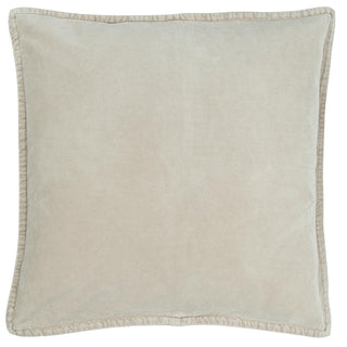 Light stone-grey stonewashed cotton velvet cushion cover with piped edges, on a white background