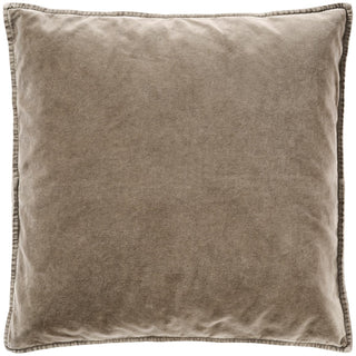 Taupe cotton velvet cushion cover with a stitched edge on a white background