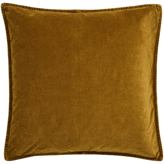 Square ochre green velvet cushion cover with a stonewashed finish and stitched edge piping, on a white background