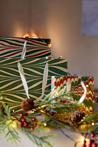 Small Christmas Festive Medley - Hand Marbled Gift Bags - Set of 3
