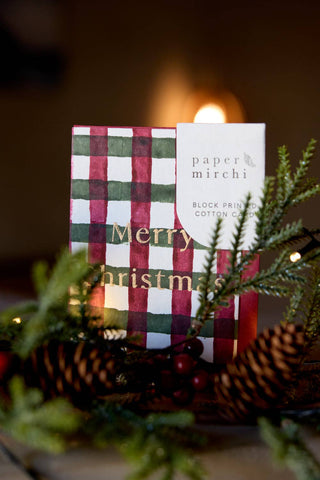 Gingham Holly Green Merry Christmas - Block Printed Greeting Card