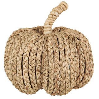 Woven seagrass deco pumpkin with a coiled seagrass stem, shown on a white background