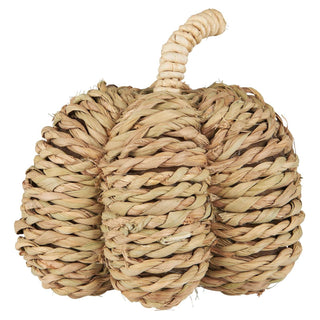 Woven seagrass deco pumpkin with a twisted rope stem, on a white background