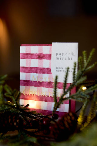 Gingham Christmas Pudding - Block Printed Greeting Card