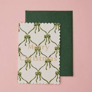 Bows Holly Green - Block Printed Greeting Card