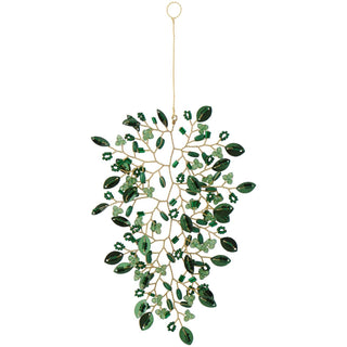 Leaf-shaped hanging ornament with green beads and gold wire branches on a white background