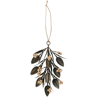 Hanging ornament with dark metal leaves and natural wooden beads on a jute cord, on a white background