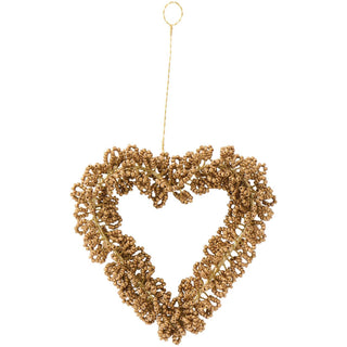 Gold-brown beaded heart ornament with a wire hanging loop, on a white background