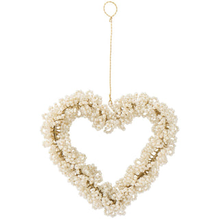 White beaded heart ornament with a twisted gold hanging cord, shown on a white background