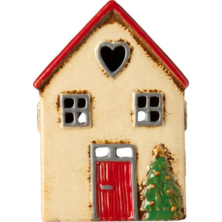 NORDIC.CHRISTMAS - Ceramic house with red roof and Christmas tree in front of house