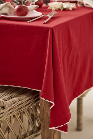 NORDIC.CHRISTMAS - Christmas table cloth Dagmar - red w/white border stitching