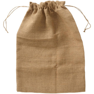 Large natural jute drawstring gift sack on a white background