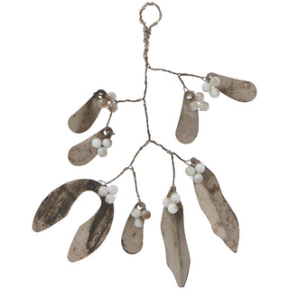 Metal mistletoe hanging ornament with weathered silver-grey leaves and clusters of pale beads on twisted wire branches, on a white background