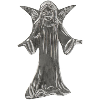 Antique silver-toned metal angel ornament with cut-out wings and dress on a hanging cord, on a white background