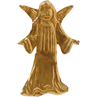 Gold metal angel ornament with outstretched wings and arms, shown on a white background