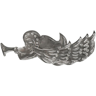 Angel with trumpet ornament in polished silver-tone metal on a white background
