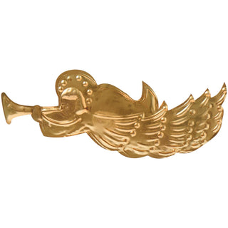 Gold-toned flat metal angel ornament blowing a trumpet with detailed feathered wings, on a white background