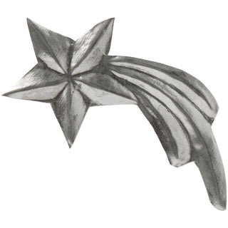 Silver metal shooting star ornament with a starburst head and a curved streaking tail, on a white background