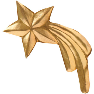 Small gold shooting star ornament in polished metal on a white background