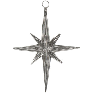 Oblong silver metal star ornament with a hanging loop, shown on a white background