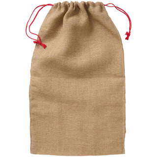 Tan jute Santa sack with red drawstring cords on a white background