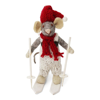 NORDIC.CHRISTMAS - Small grey boy mouse on skis with grey pants ornament