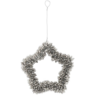 Silver-coloured beaded star ornament with a wire hanging loop, on a white background