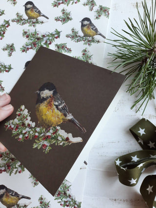 NORDIC.CHRISTMAS - Tit Bird On Dark Green, Folded Card