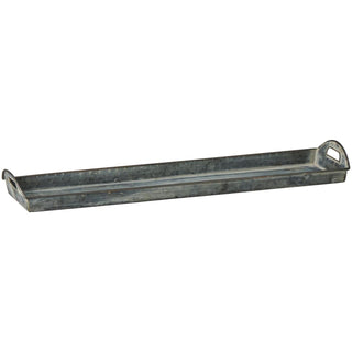 Long oblong zinc-grey metal tray with cutout handles at each end, shown at an angle on a white background