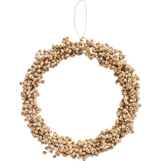 Round wreath made of natural mango wood beads with a gold hanging cord and star tag, shown on a white background