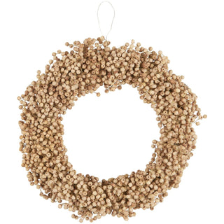 Natural light wooden bead wreath with a hanging loop, on a white background