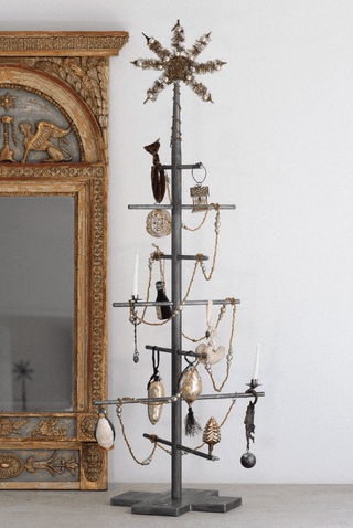 NORDIC.CHRISTMAS - Zinc Christmas tree with antique patina finish & collection of vintage ornaments